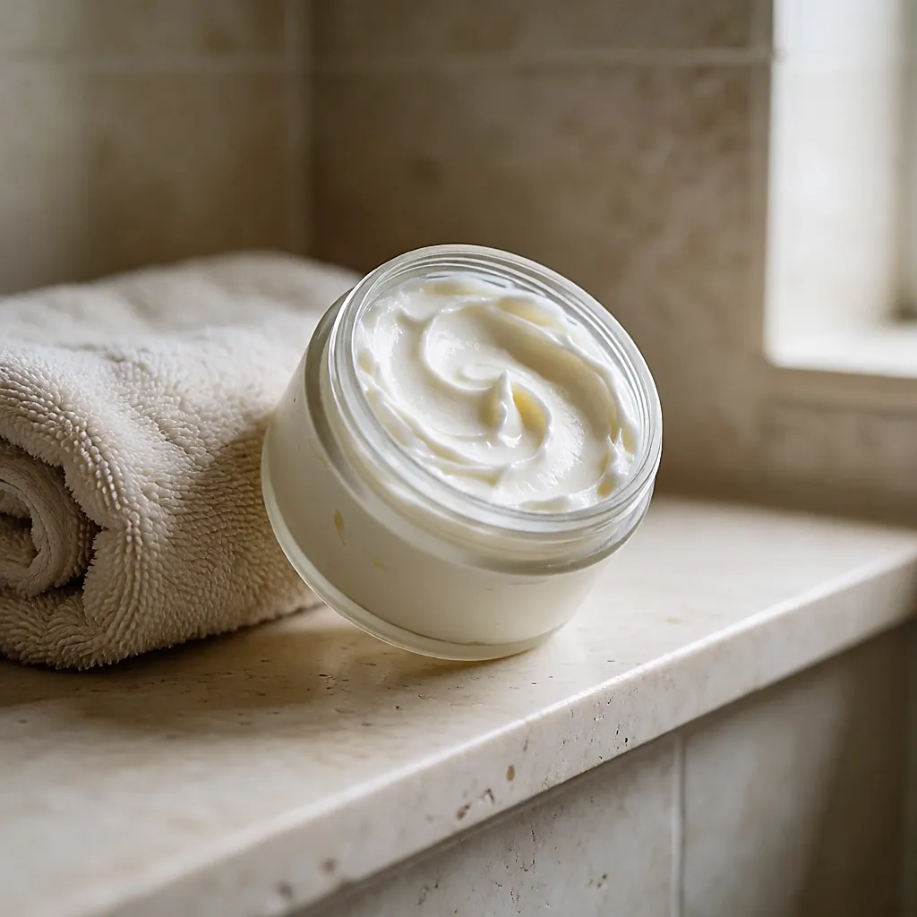An open pot of Bliss body butter on a bathroom shelf