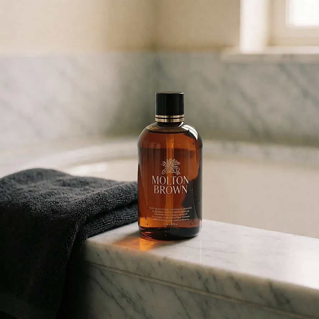 An amber Molton Brown shower gel on the edge of a marble bath