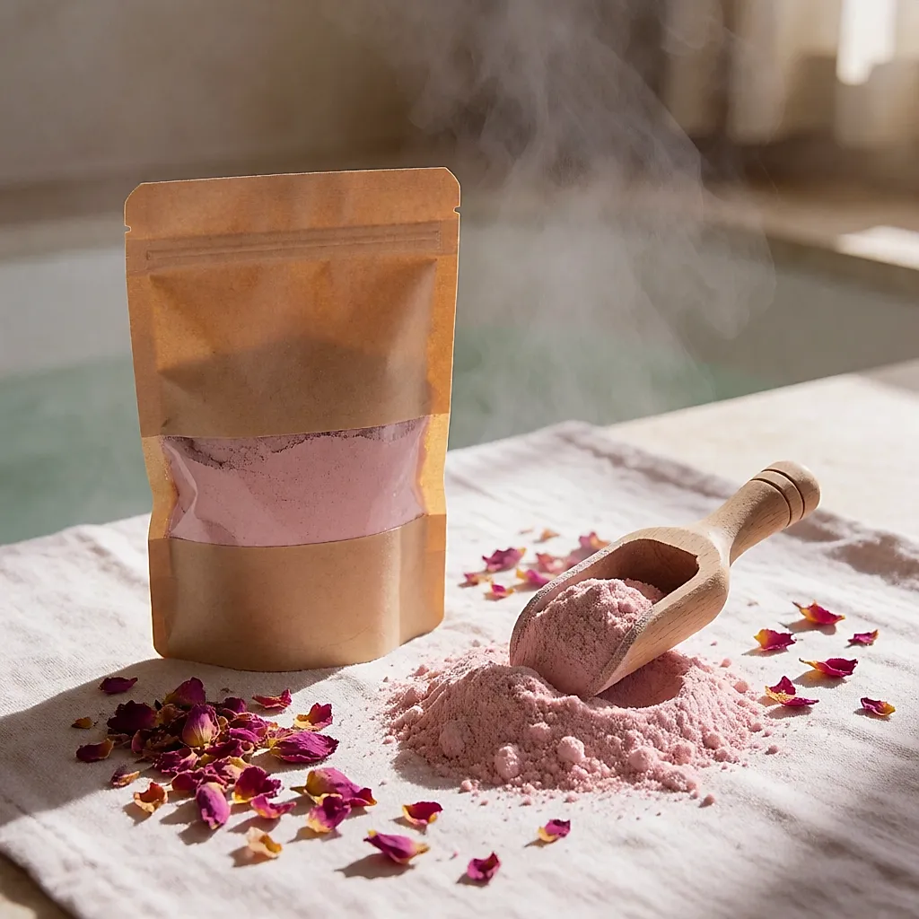 Pink bath powder in its kraft bag, scooped with a wooden spoon