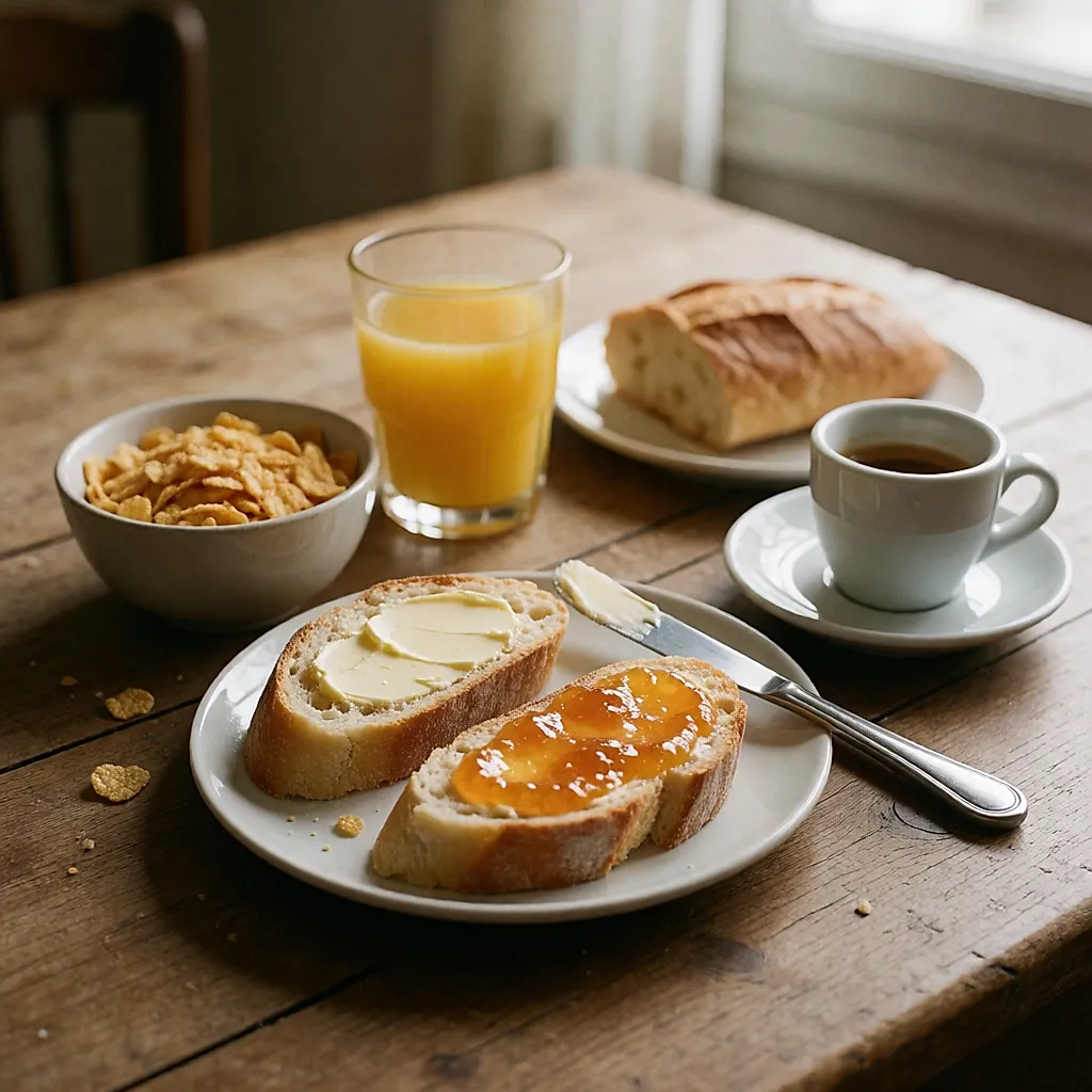 Tostadas con mantequilla y mermelada, zumo de naranja y cereales: el desayuno dulce más común