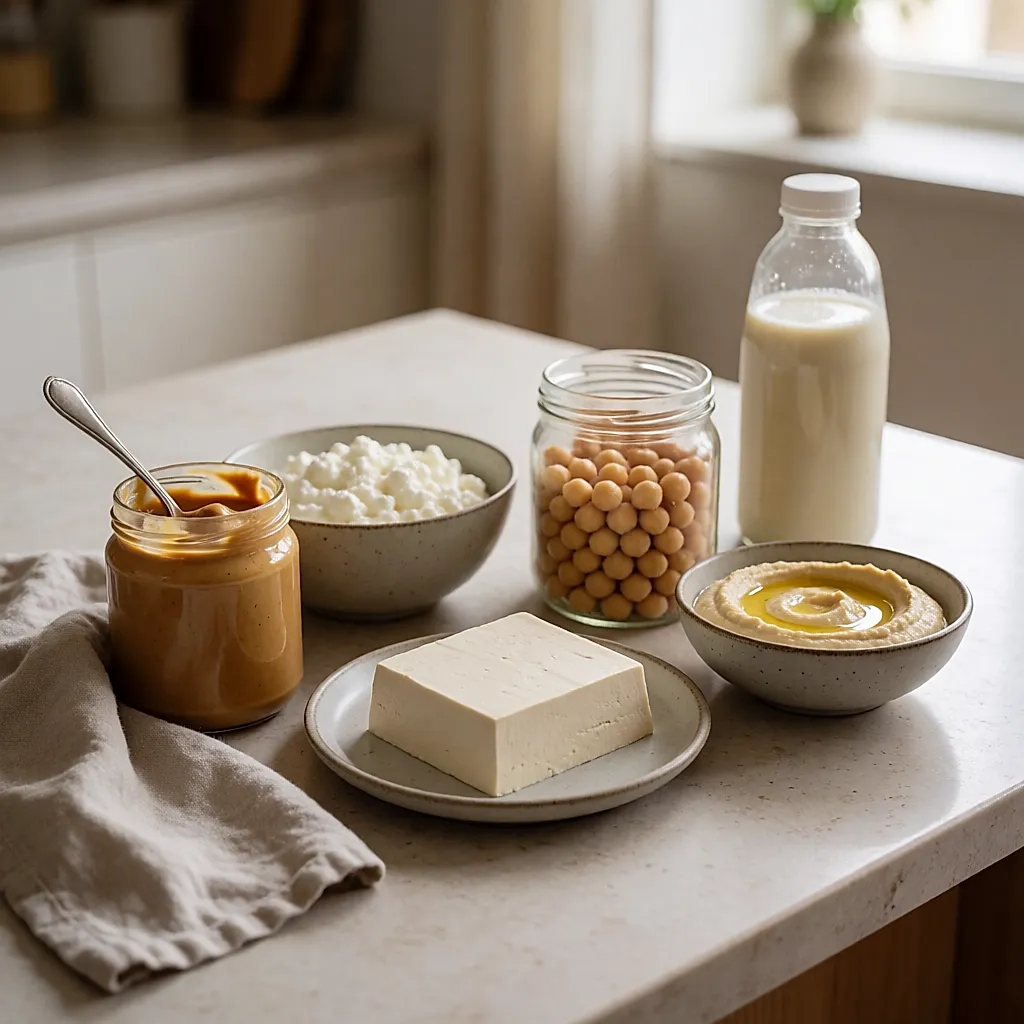 Queso fresco batido, tofu sedoso, crema de cacahuete y garbanzos sobre una encimera