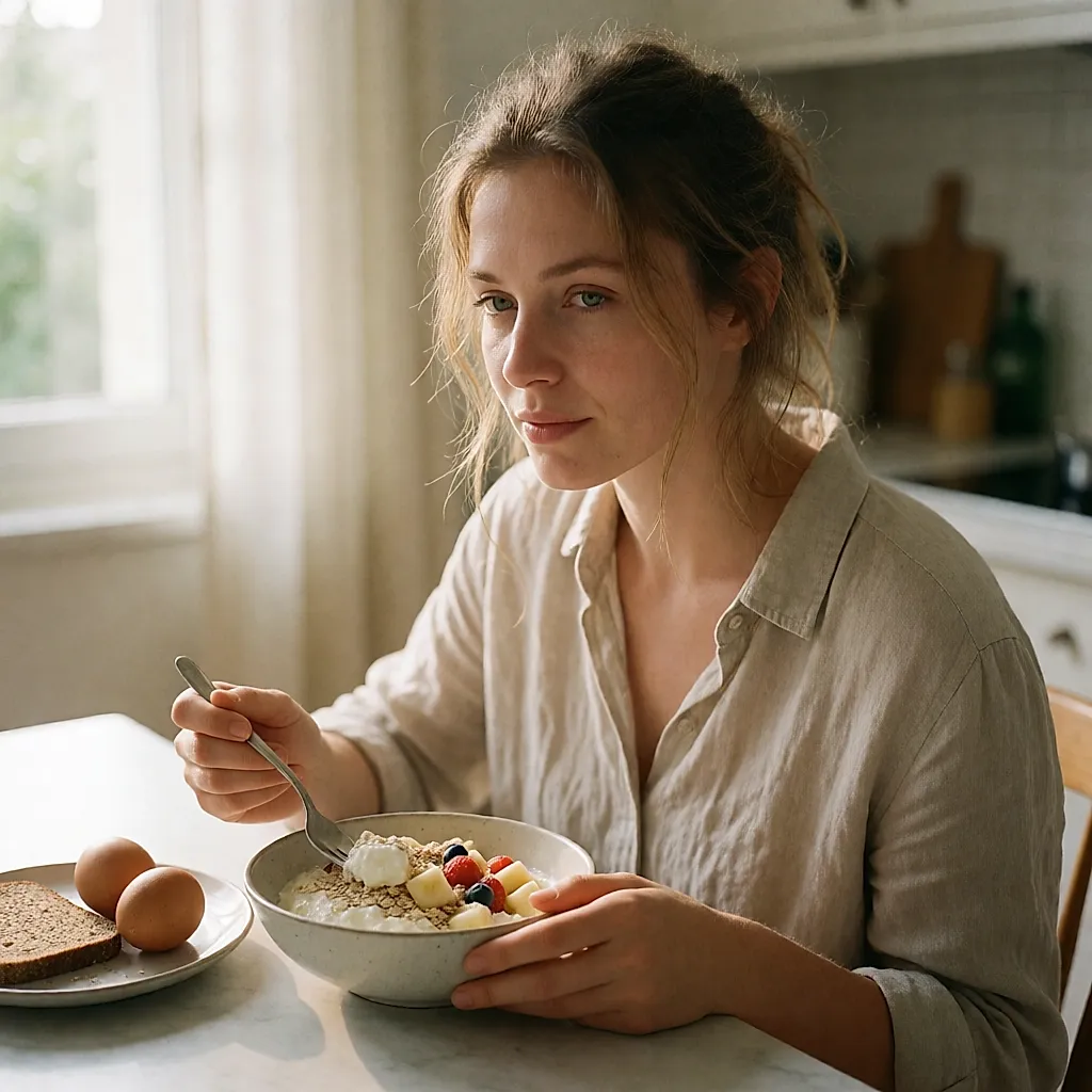 Mujer joven desayunando un plato proteico en una mesa de cocina por la mañana
