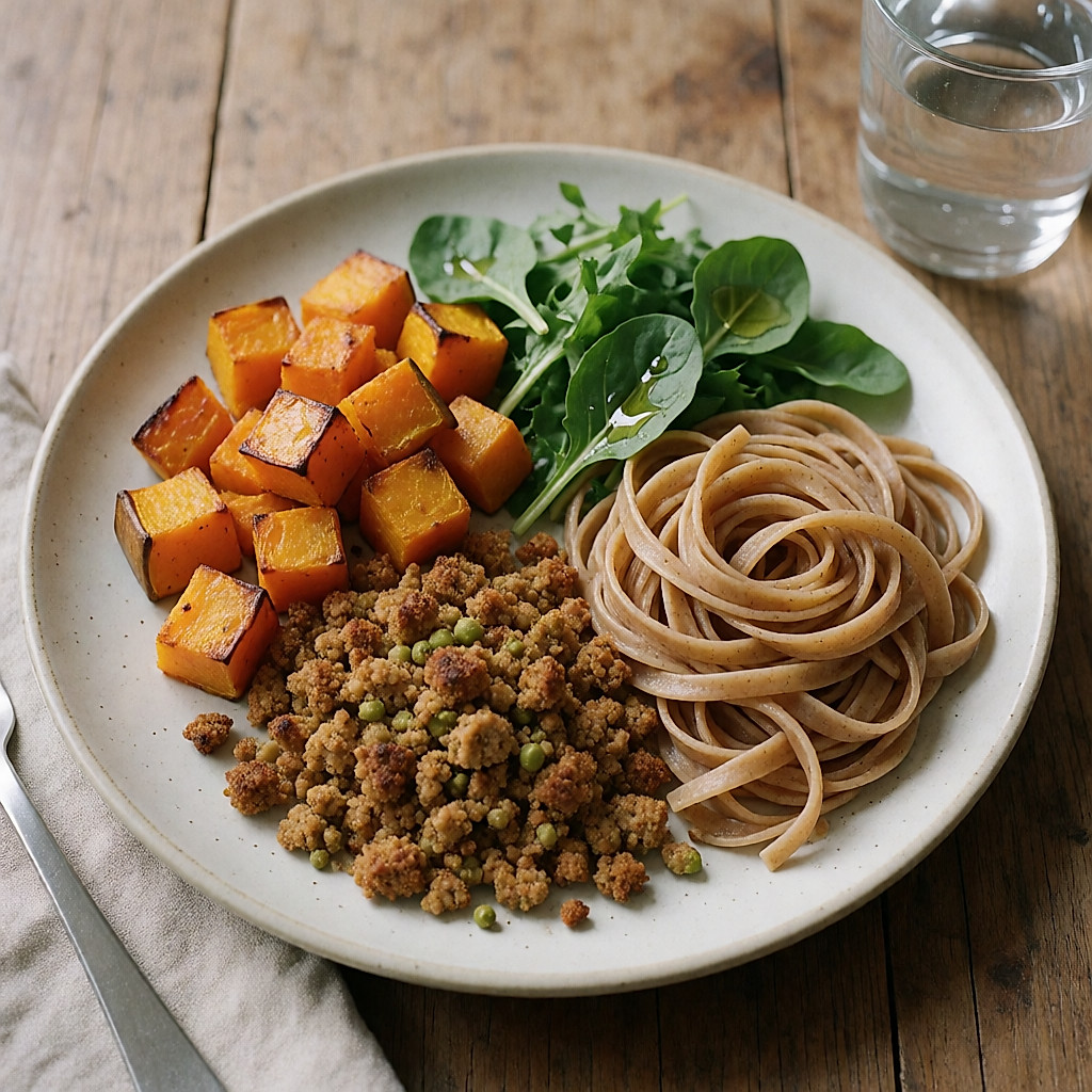 Une assiette de semaine équilibrée : courge rôtie, protéine de pois texturée dorée et pâtes complètes