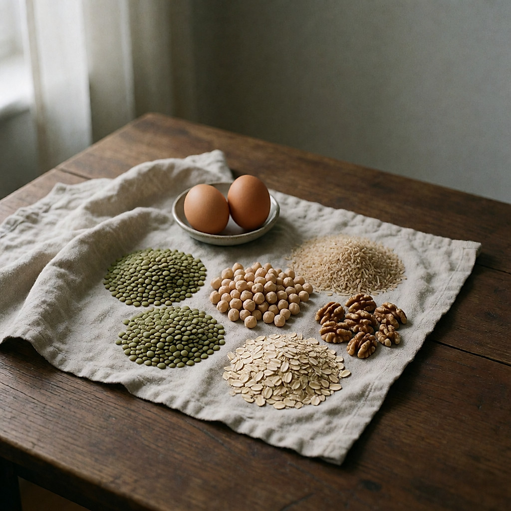 Lentilles, pois chiches, céréales complètes, œufs et fruits à coque posés sur une table