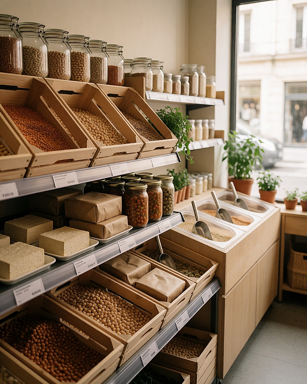 Rayon de protéines végétales : tofu, tempeh, bocaux de légumineuses et vrac en épicerie