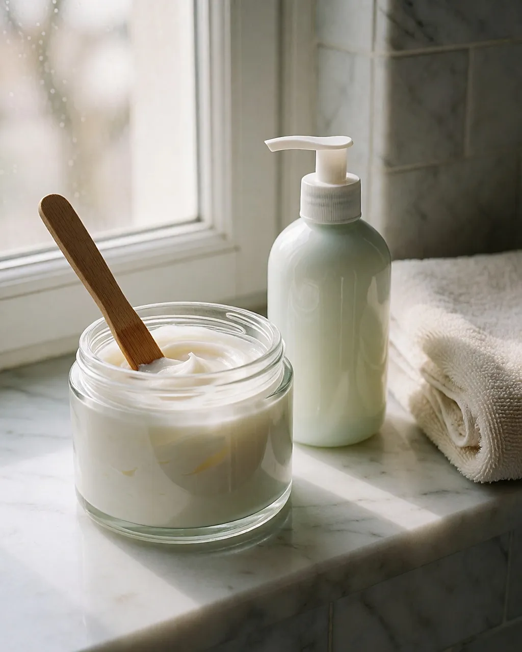 Weißer Tiegel mit Emollienz-Salbe und Pumpflasche auf einem Marmorregal