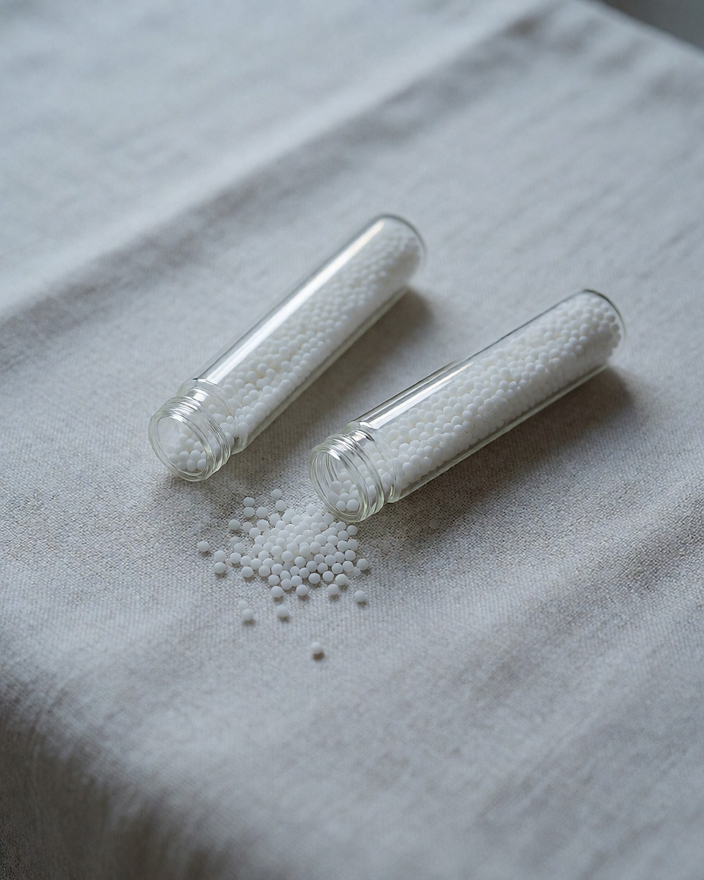 Petits tubes de granules homéopathiques blancs posés sur un linge neutre