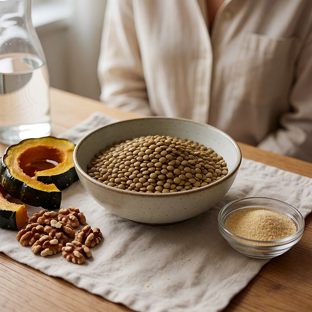 Bol de lentilles, noix et courge rôtie avec un petit pot de psyllium blond