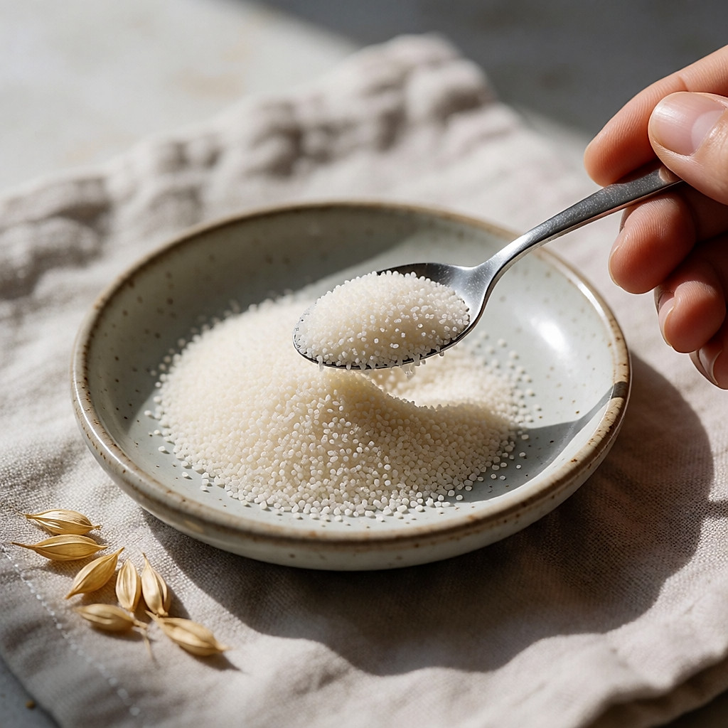 Gros plan sur un gel de psyllium blond et quelques enveloppes sèches