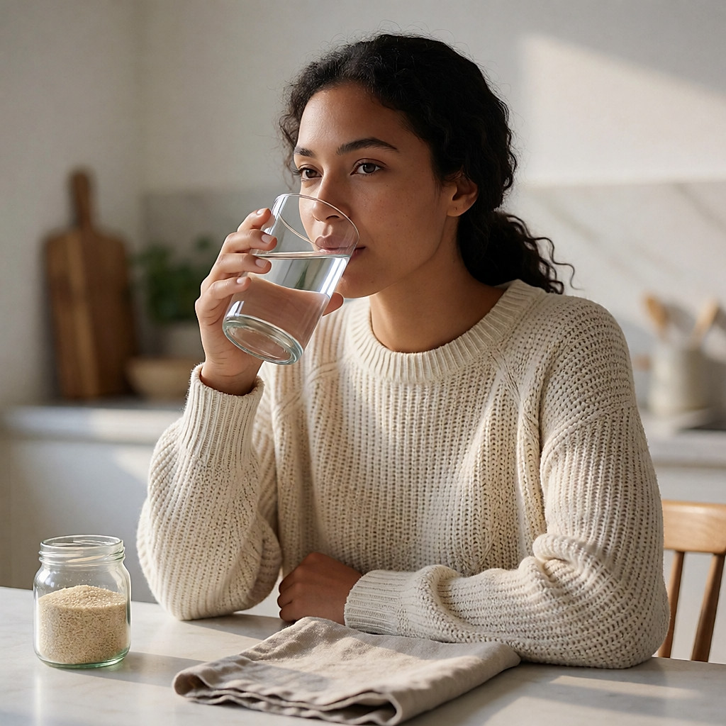 Jeune femme buvant un grand verre d'eau à sa table de cuisine le matin