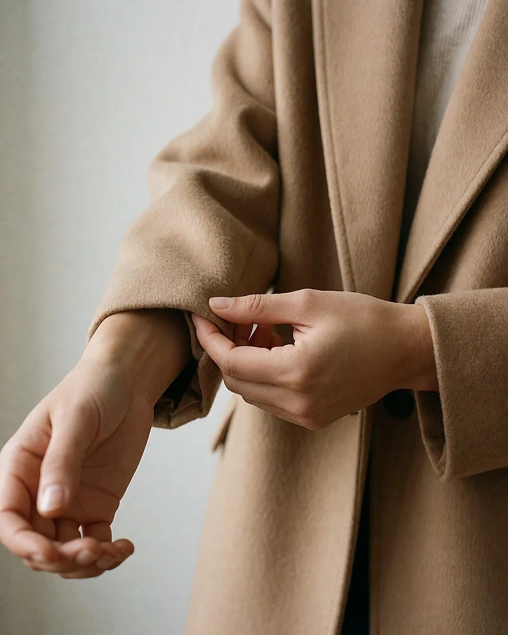 Close-up of a hand lifting the cuff of a camel wool coat to examine the fabric