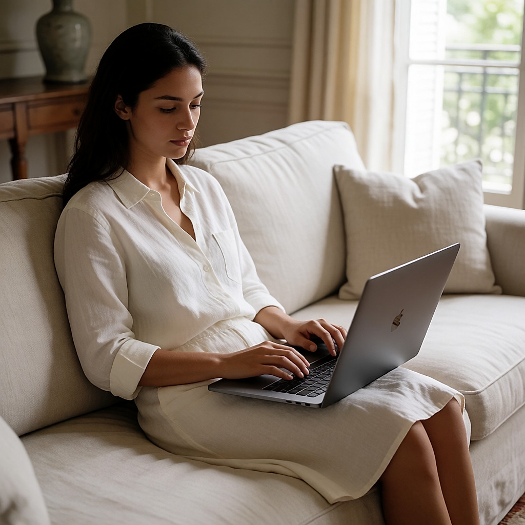 Young woman sitting on a linen sofa with a laptop open on her knees in a bright living room