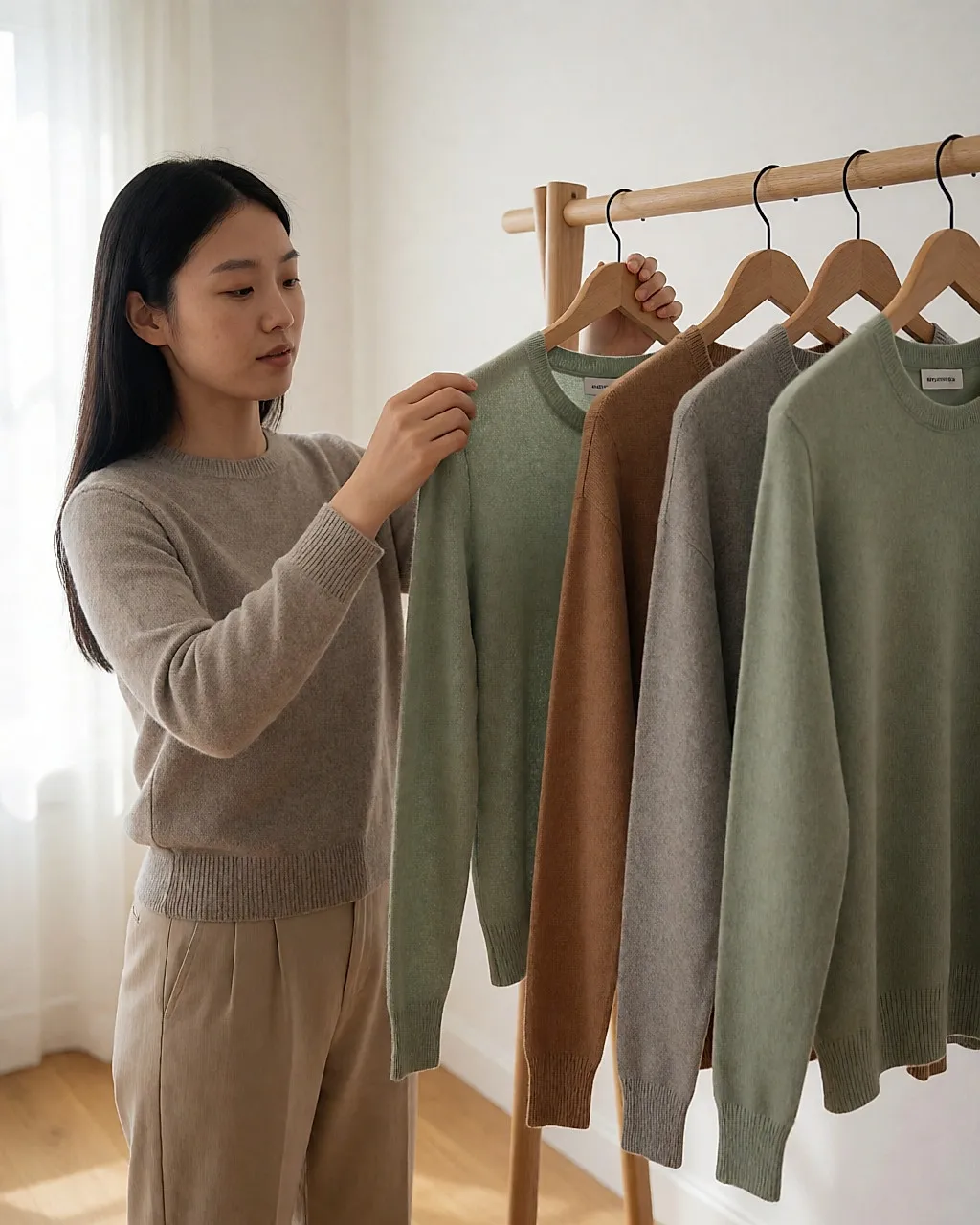 Young woman placing a sage-green knit on a rail where pieces are sorted by colour