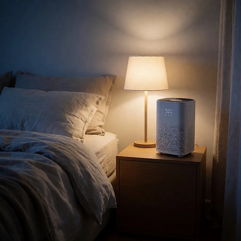 Un purificateur au mode nuit discret dans une chambre, veilleuse allumée
