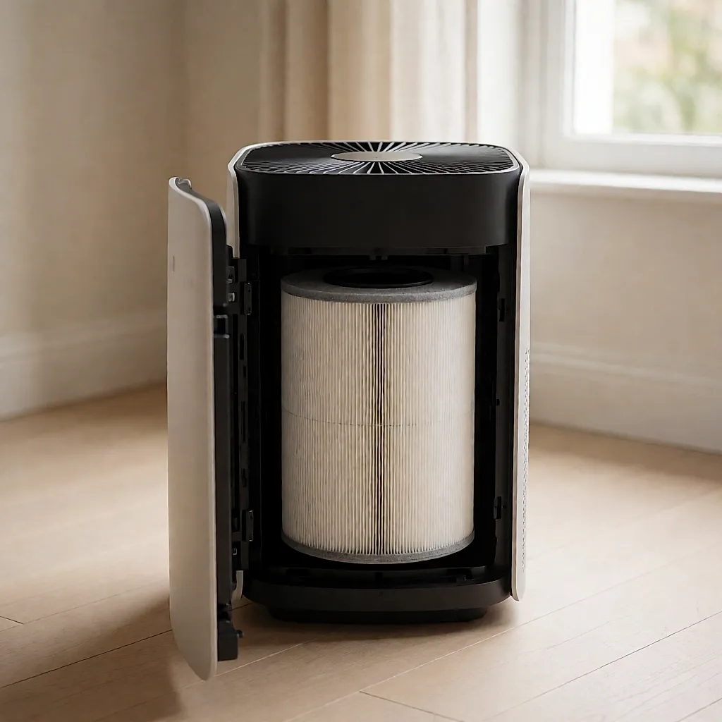 Filtre HEPA cylindrique et préfiltre lavable dans un purificateur ouvert
