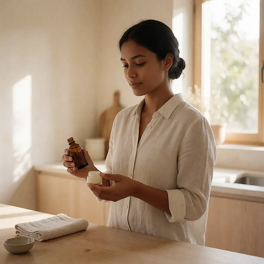 Femme tenant dans sa cuisine un flacon en verre ambré et un petit pot de crème naturelle