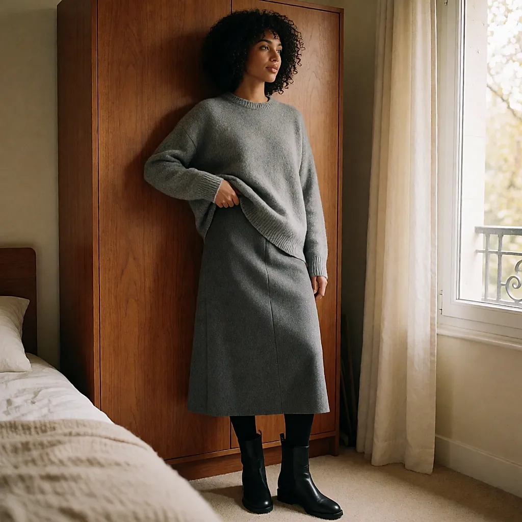 Silhueta completa em collant opaco mate, saia midi de lã e botas pretas