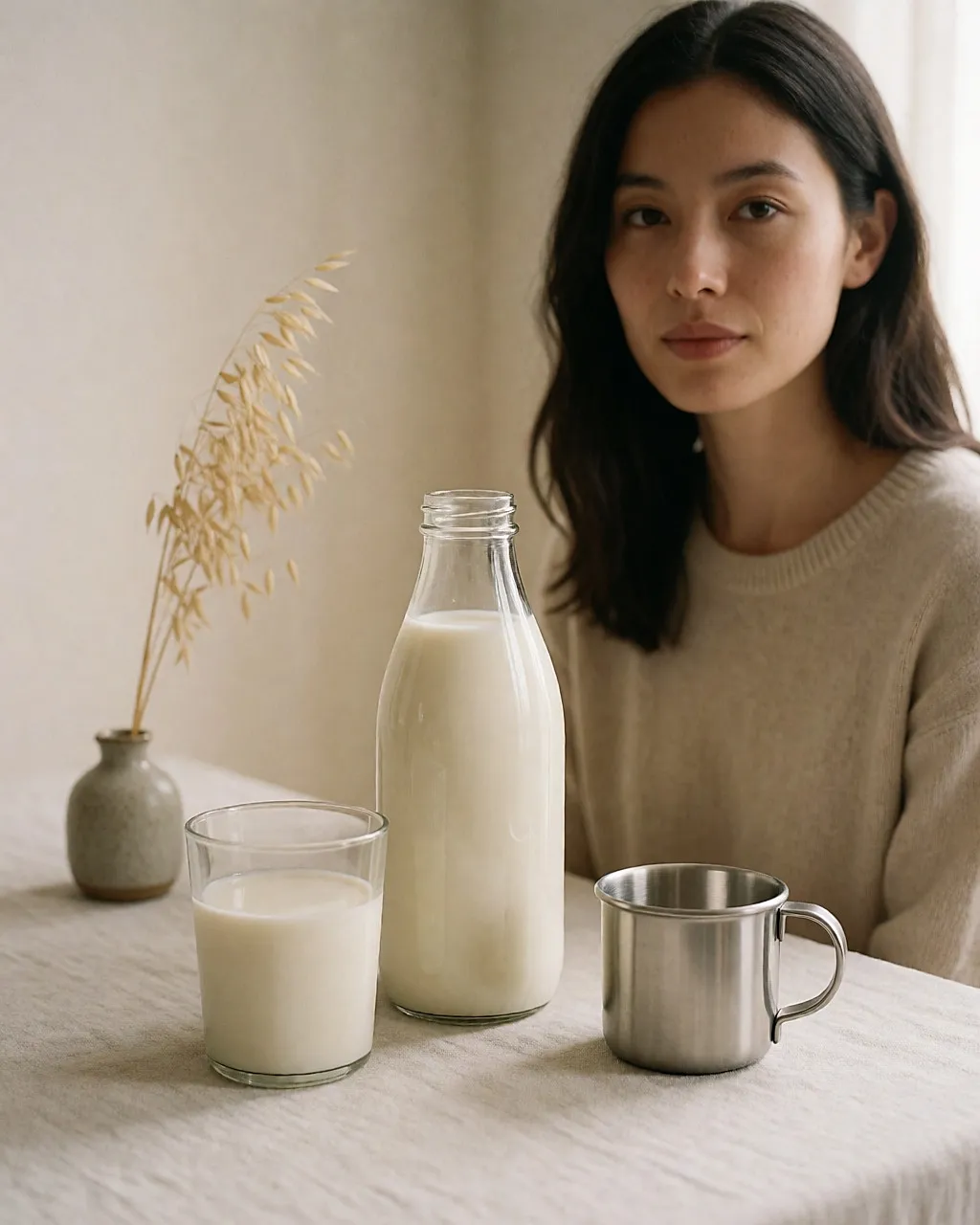 Botella de leche de crecimiento y vaso de leche sobre un mantel de lino claro