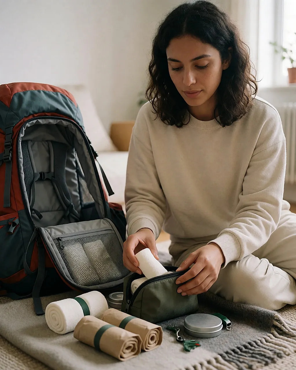 Mujer joven sentada junto a una mochila de senderismo abierta, guardando su botiquín de primeros auxilios