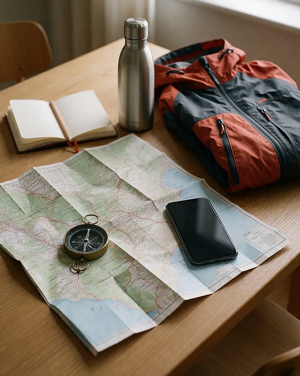 Mapa topográfico, brújula, cuaderno y cantimplora sobre una mesa antes de salir