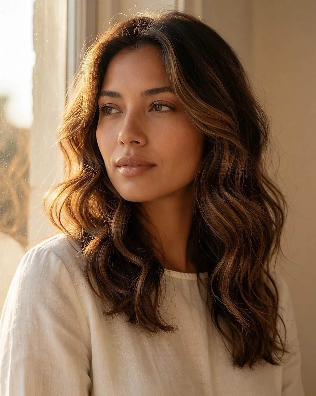 Three-quarter portrait of a young woman with golden skin and wavy brown hair with caramel and mocha highlights