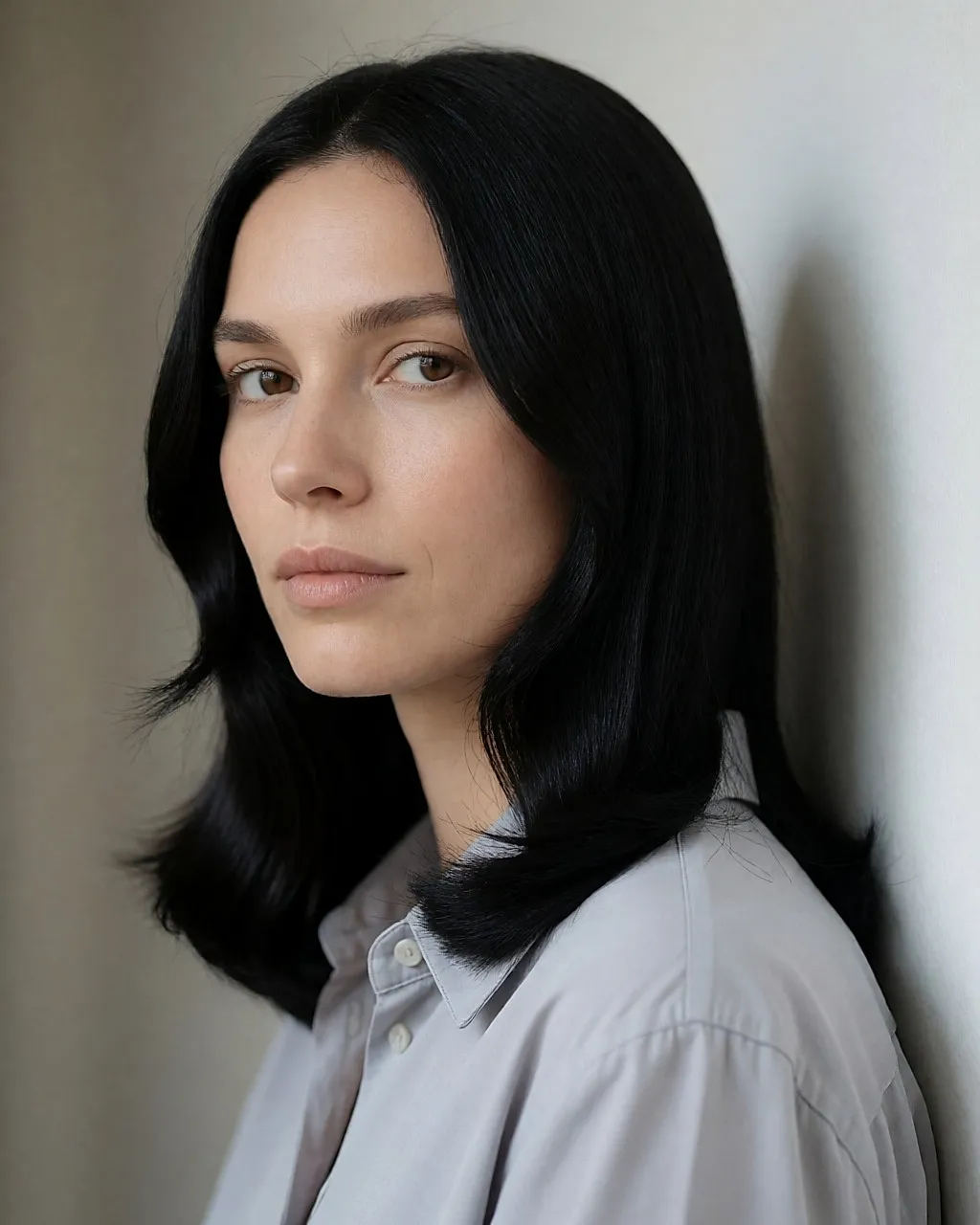 Portrait of a young woman with fair, pink-toned skin and deep jet-brown hair styled in a smooth blow-dry