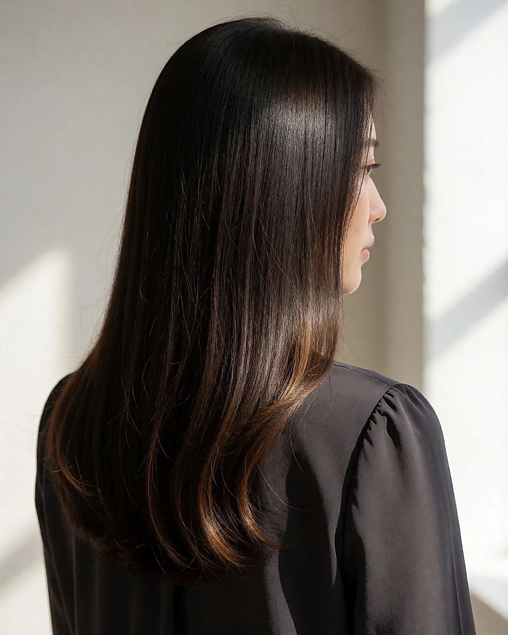 The back of a young woman with long espresso-brown hair and subtle caramel highlights at the ends