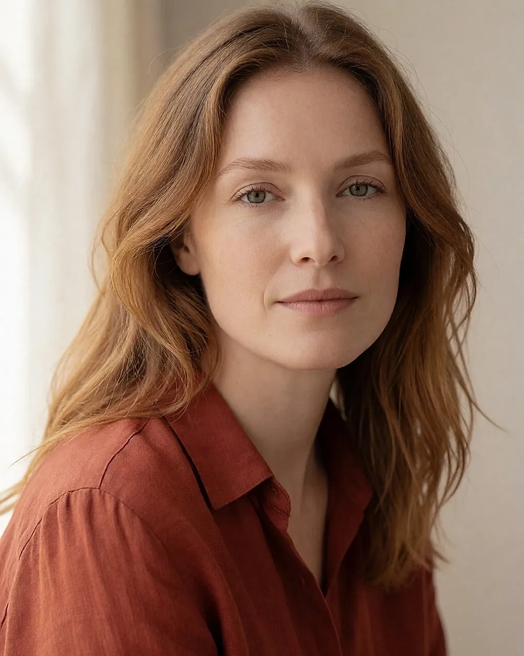 Portrait of a young woman with light mixed-heritage skin and light chestnut hair with natural auburn highlights