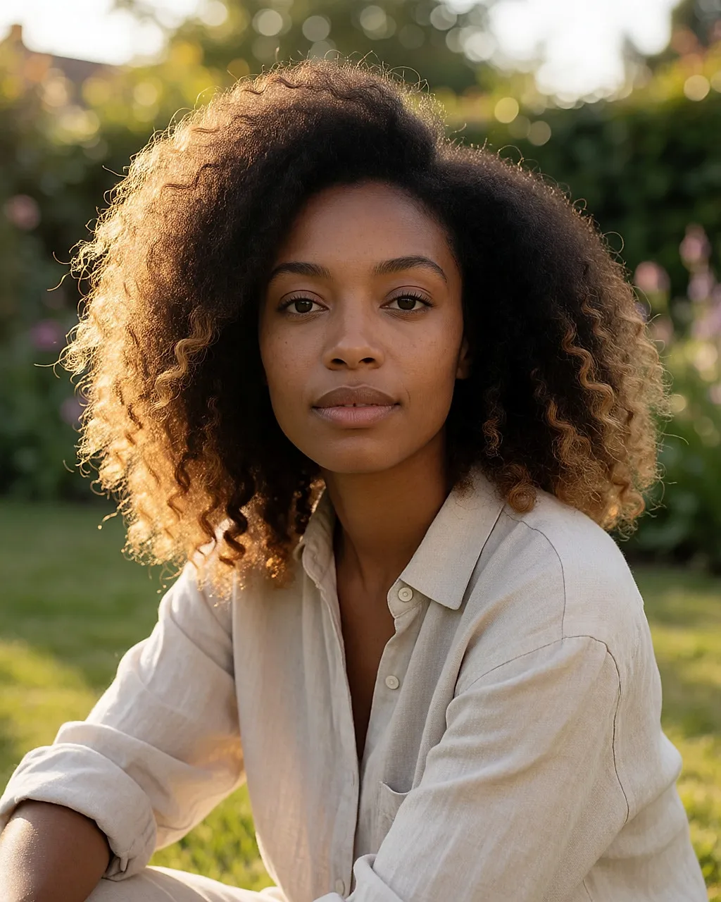 A young woman with dark brown hair and sun-lightened ends, in golden light