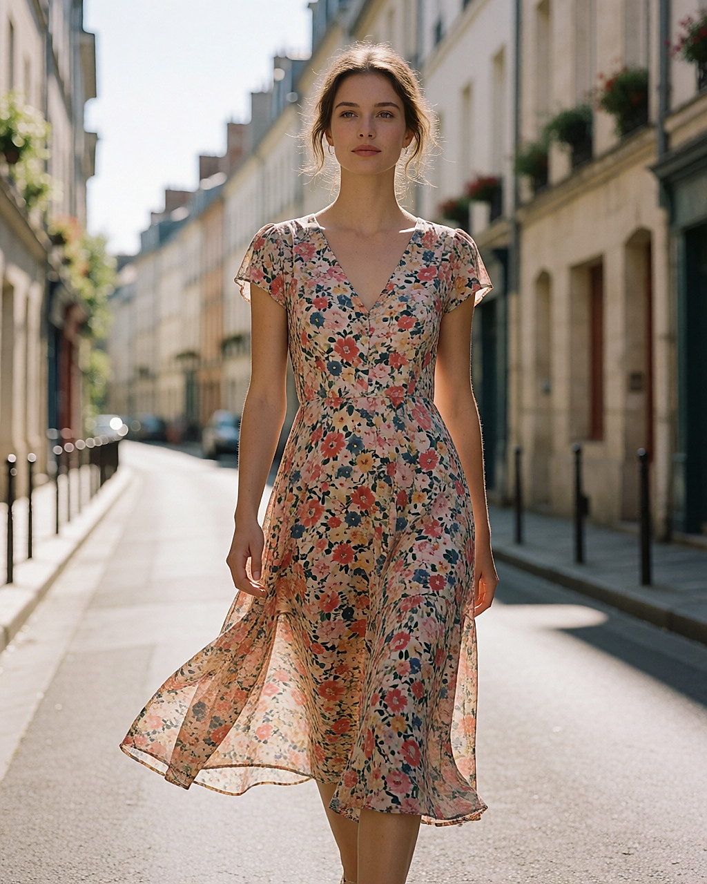 Jeune femme à la peau claire en robe midi fleurie marchant dans une rue ensoleillée