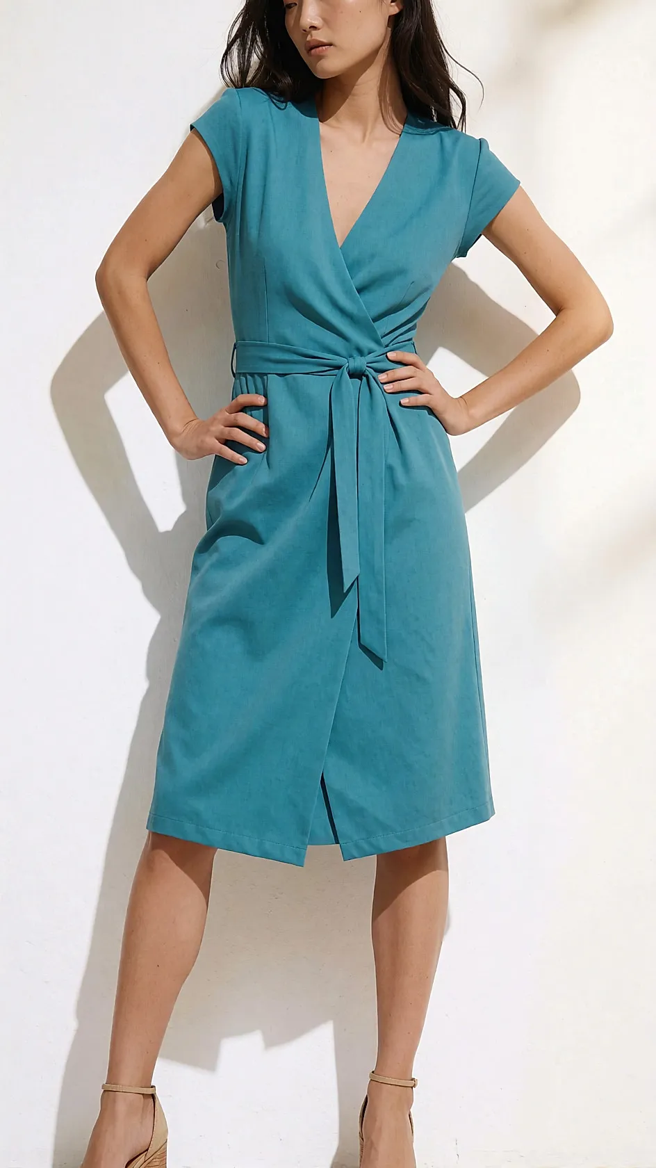 Junge asiatische Frau in einem gegürteten Wickelkleid, das die Taille betont, Dreiviertelansicht