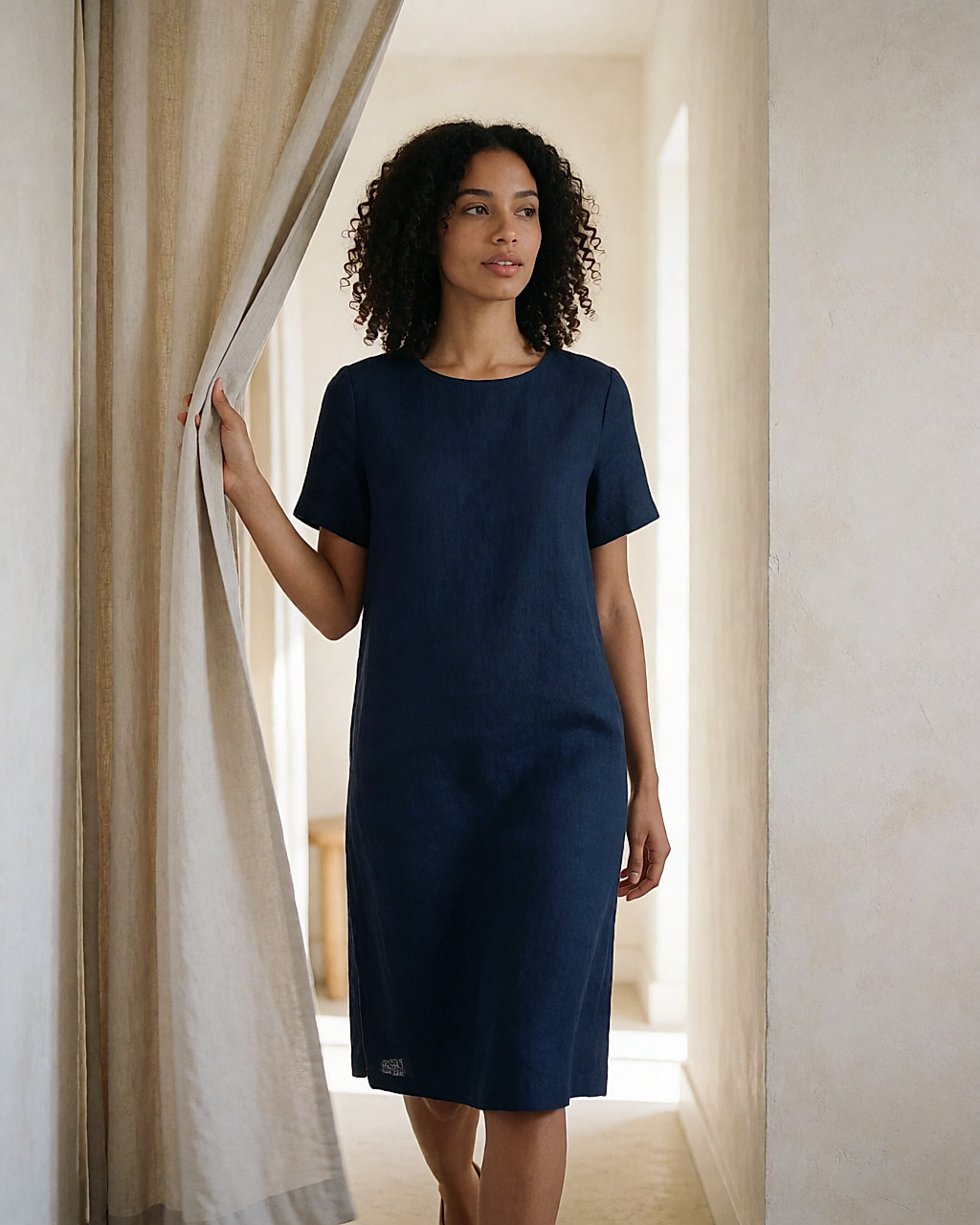 Jeune femme en robe droite bleu nuit sortant de la cabine et faisant quelques pas