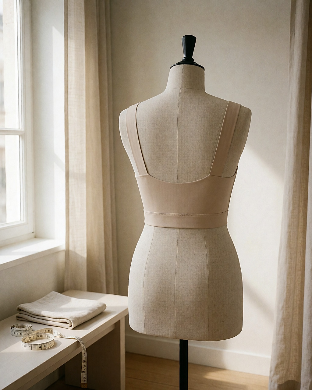 Soutien-gorge beige sans couture vu de dos sur un mannequin de couture, bande de dos horizontale