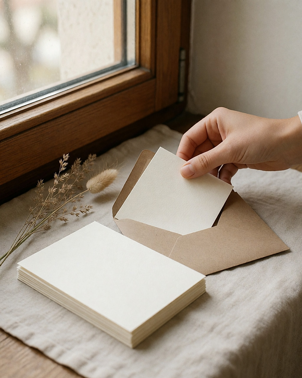 Des faire-part en papier recyclé et leurs enveloppes kraft sur une nappe de lin, près d'une fenêtre