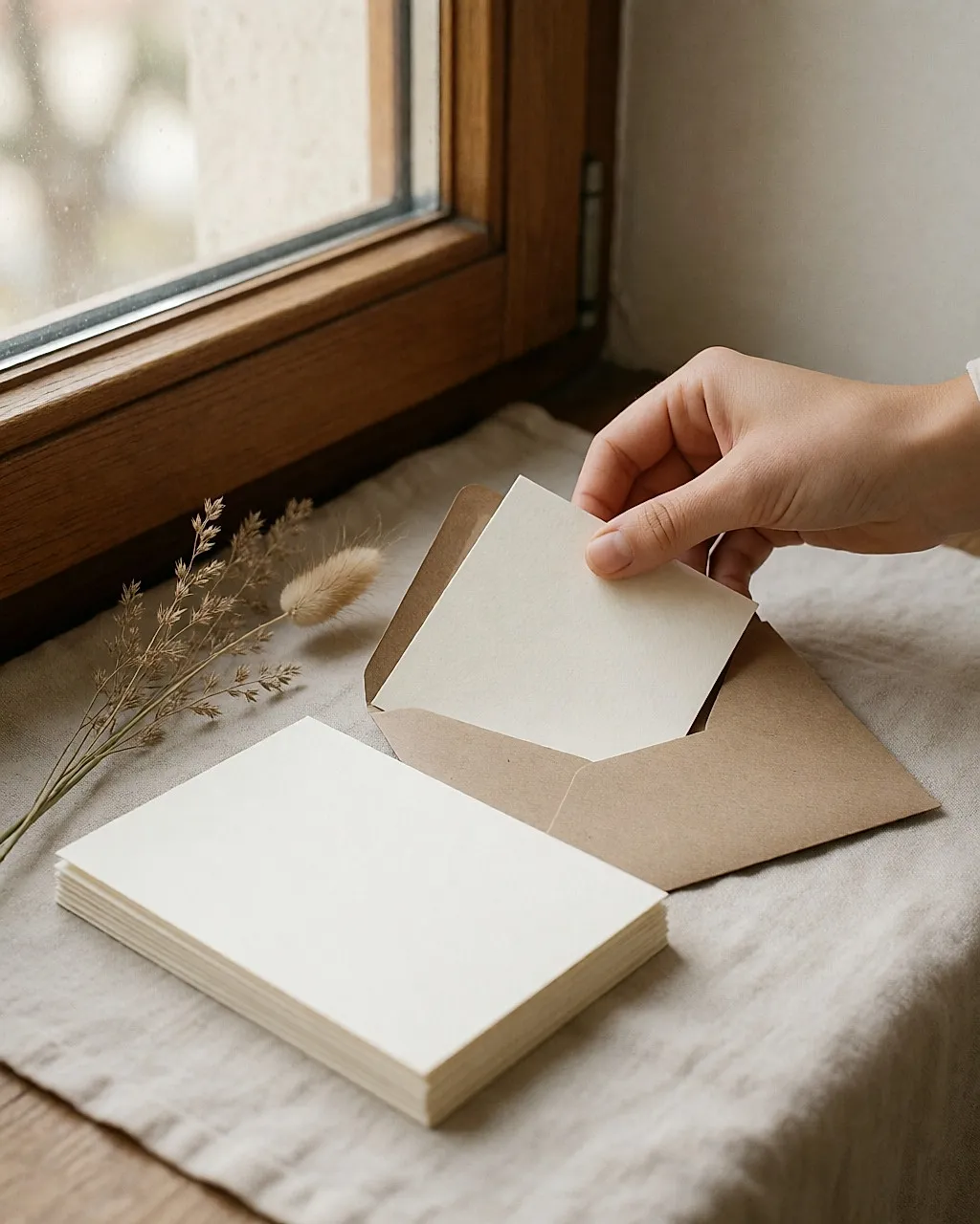 Einladungen aus Recyclingpapier und ihre Kraftpapier-Umschläge auf einem Leinentuch, in Fensternähe