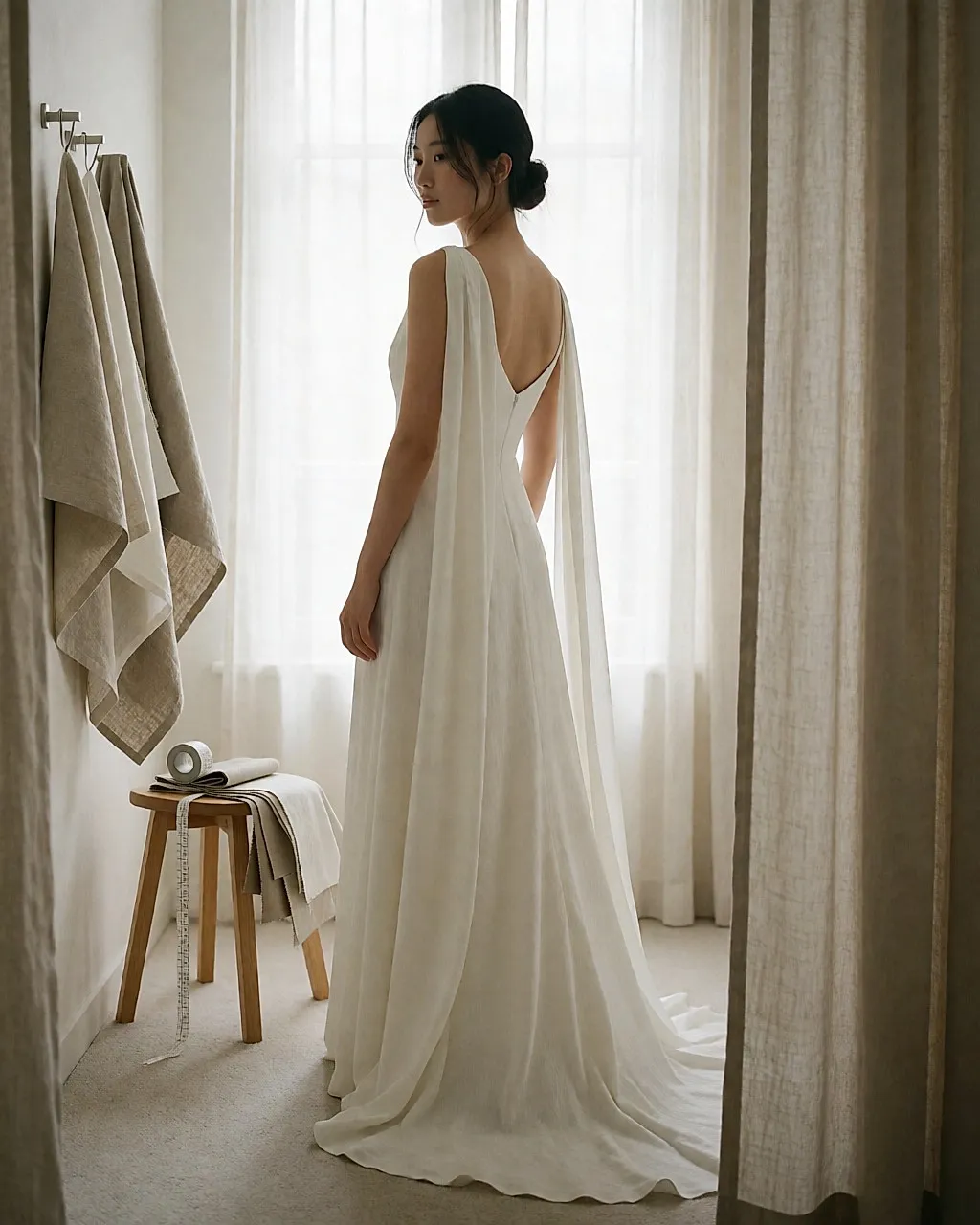 Eine junge Frau in einem Hochzeitskleid aus Leinen, Dreiviertel-Rückenansicht, in einer hellen Umkleidekabine
