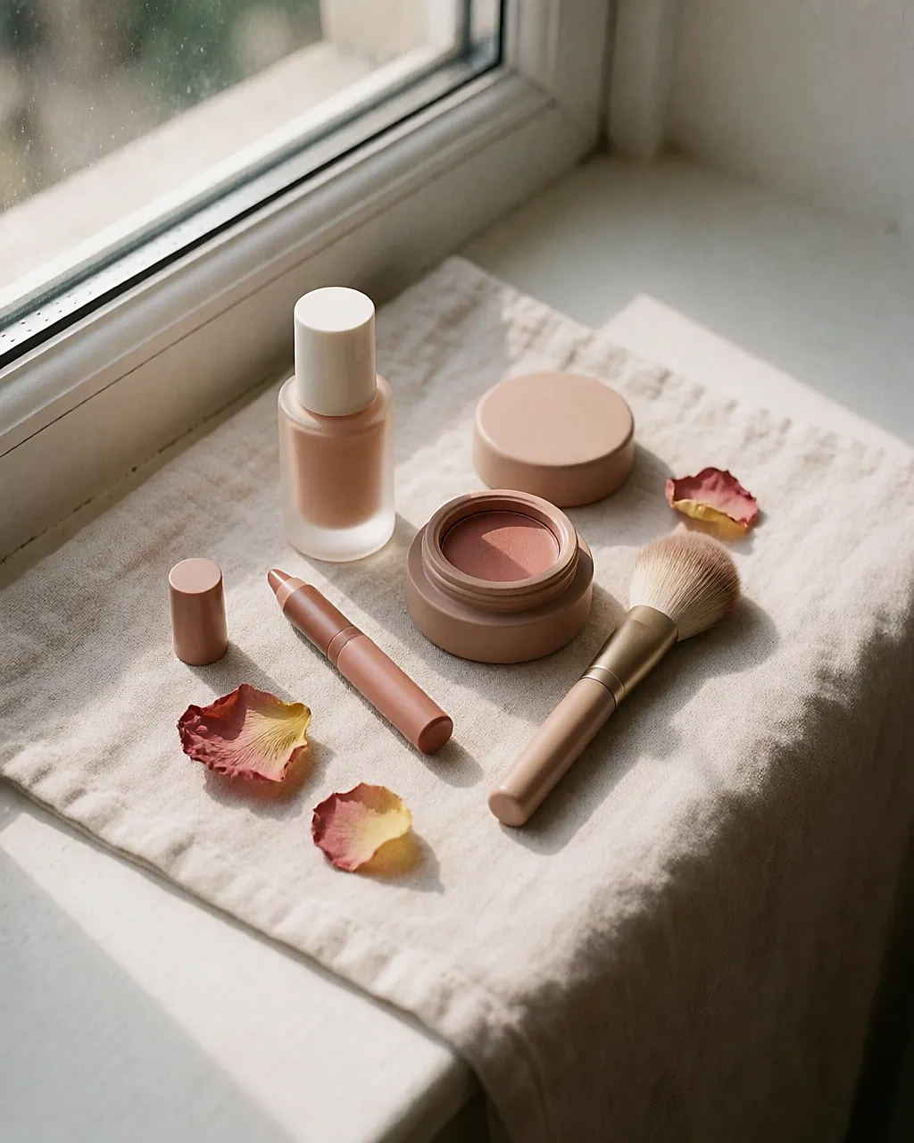 Stillleben mit Nude-Make-up: Fläschchen, Creme-Blush und Stift auf hellem Leinen