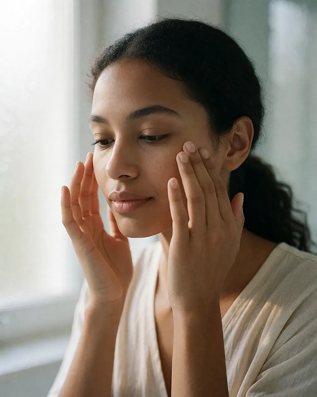 Auftragen eines getönten Serums mit den Fingerspitzen auf dem Wangenknochen