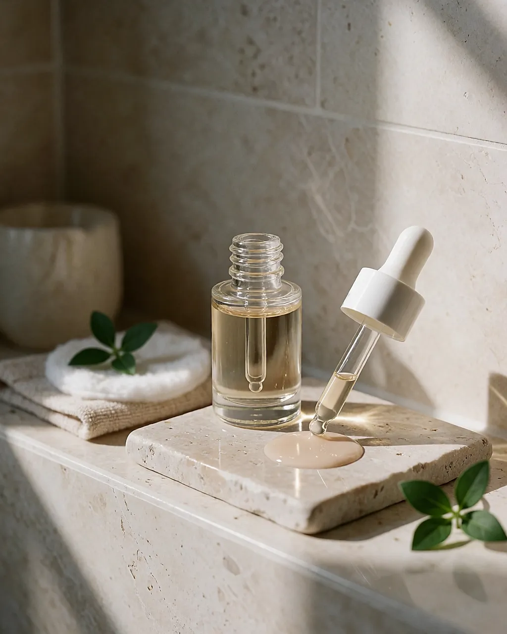 Fläschchen mit getöntem Serum und ein Tropfen beiger Textur auf einem Stein