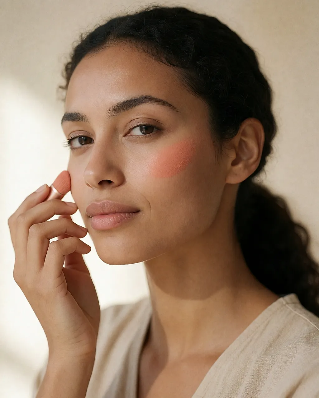 Pfirsichfarbener Creme-Blush, vom oberen Wangenknochen zur Schläfe verblendet