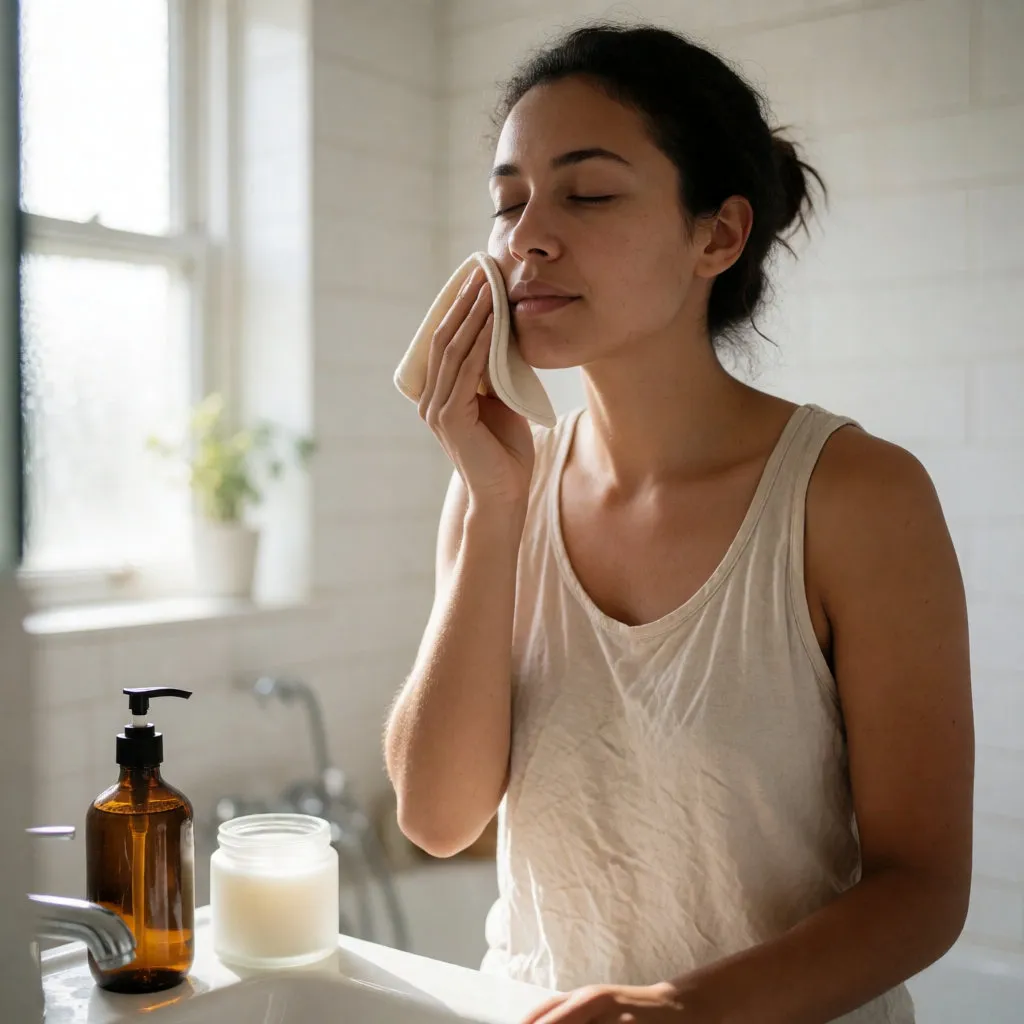 Jeune femme métissée se nettoie le visage avec un soin doux sans savon dans une salle de bain lumineuse