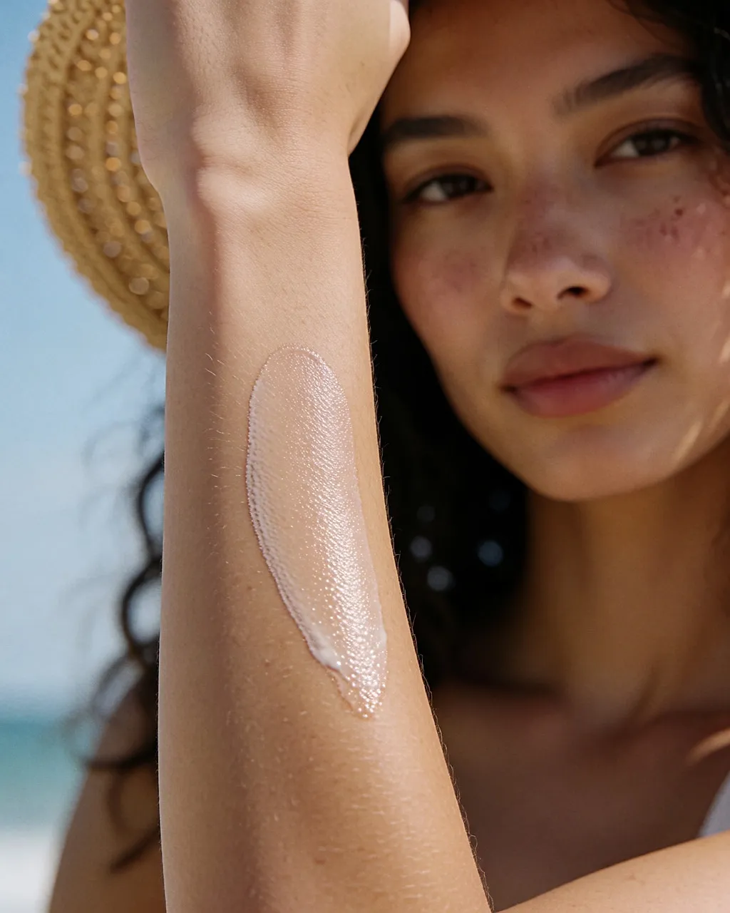 Filtre solaire étalé en fine couche sur un avant-bras en pleine lumière