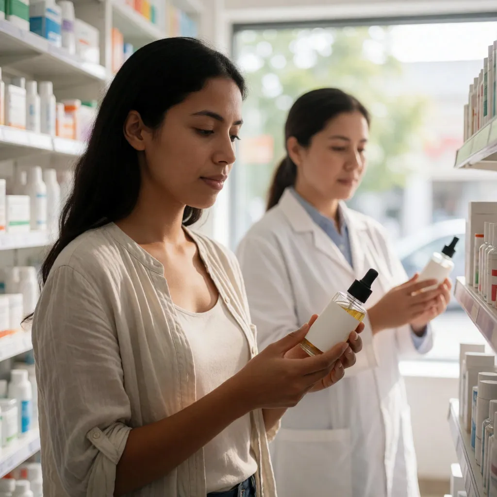 Jeune femme latina choisissant un soin non comédogène en pharmacie, conseil en arrière-plan flou