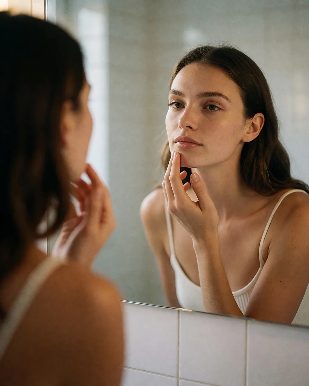 Jeune femme démaquillant son visage le soir au coton réutilisable et à l'eau micellaire