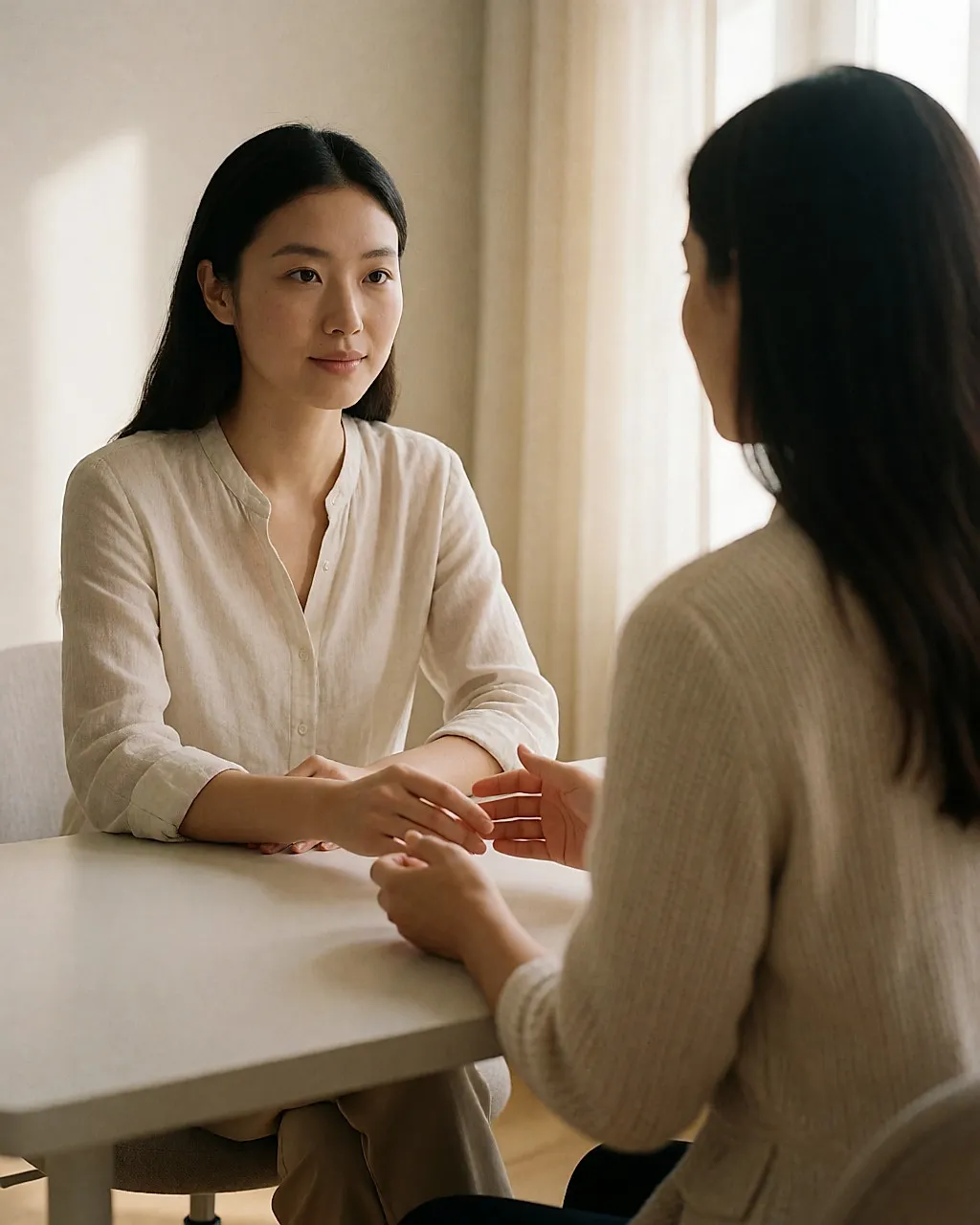 Jeune femme assise en consultation de dermatologie, vue de trois-quarts dos
