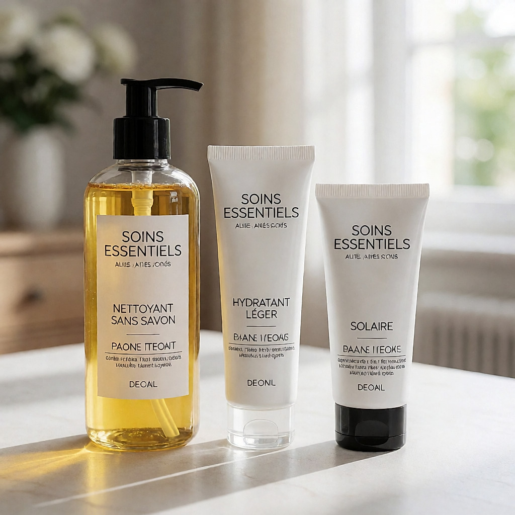 Trois soins essentiels alignés : nettoyant sans savon, hydratant léger, solaire