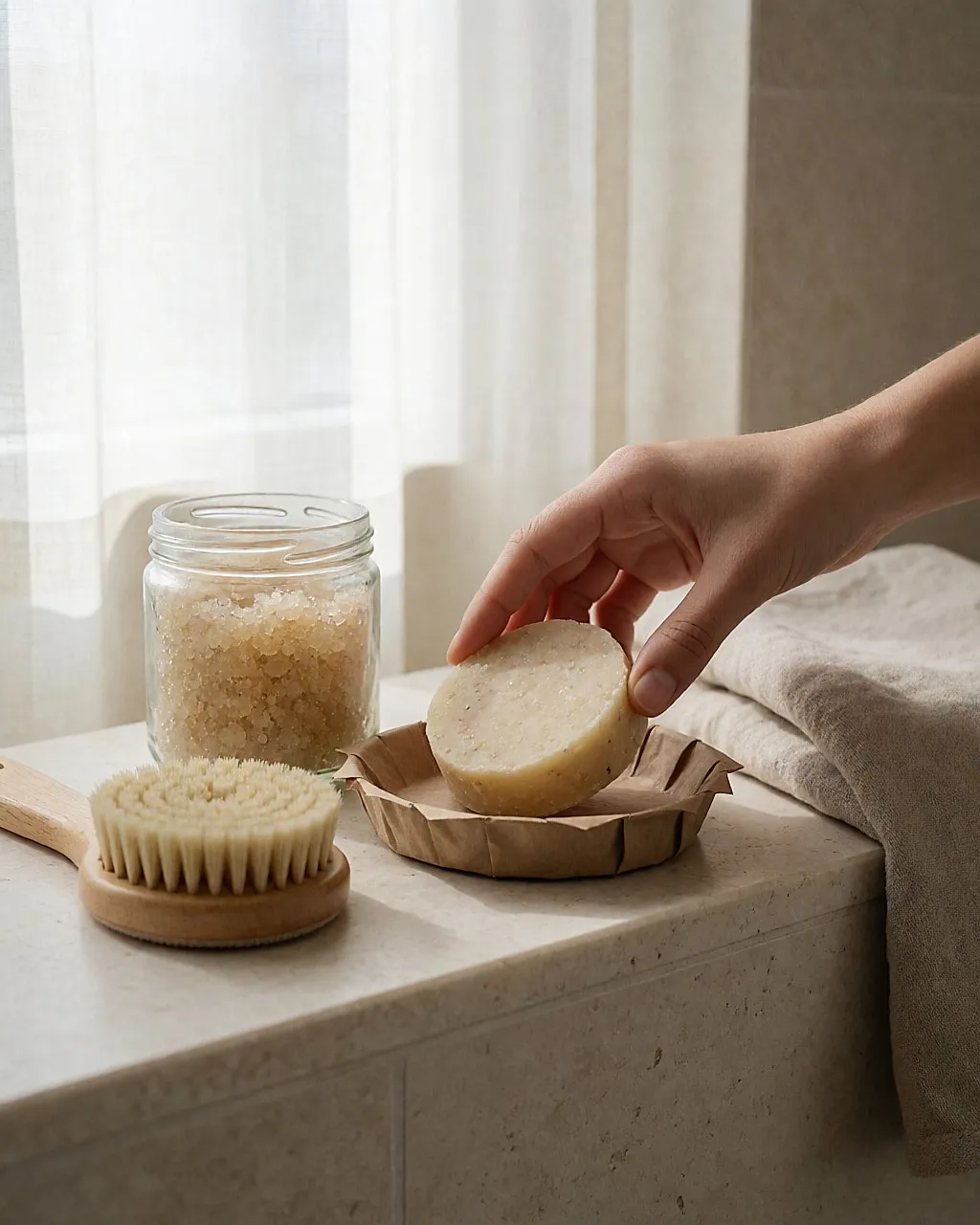 Festes Peeling und eine Rückenbürste aus Holz auf einem hellen Badezimmerregal