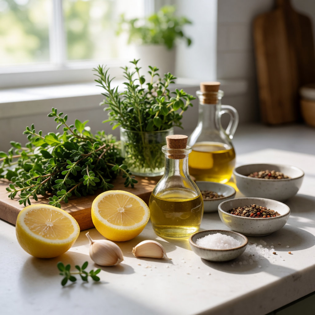 Herbes fraîches, citron, ail, vinaigre et épices posés sur un plan de travail, avec un petit bol de sel