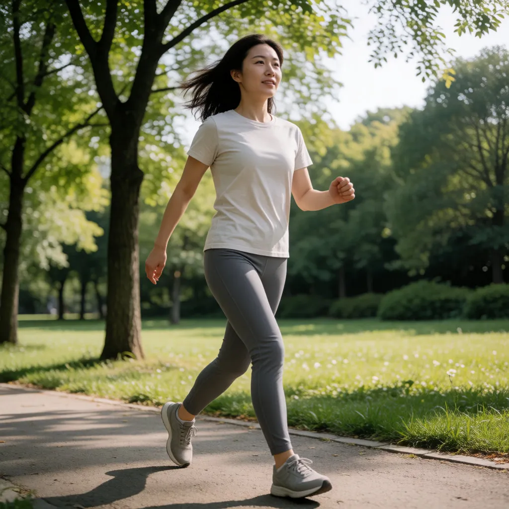 Junge asiatische Frau geht zügig auf einem baumgesäumten Weg in einfacher Sportkleidung