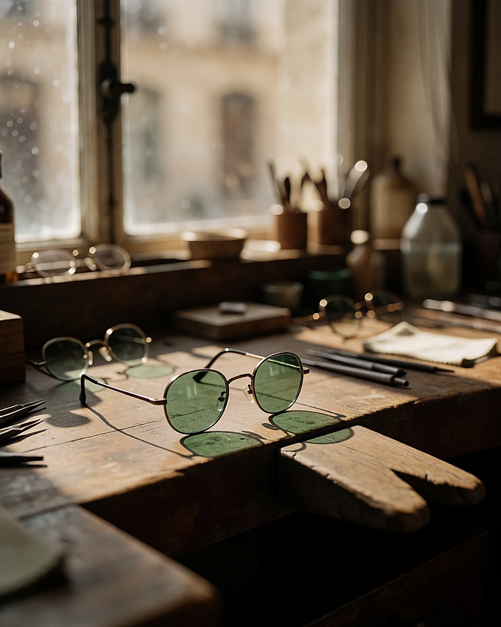 Atelier d'opticien : montures fines en métal et verres teintés vert posés sur un établi en bois